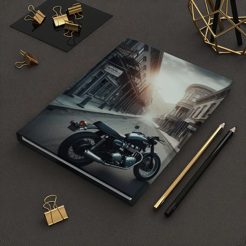 Cafe Racer Motorcycle Abandoned Western Town Street – Notebooks