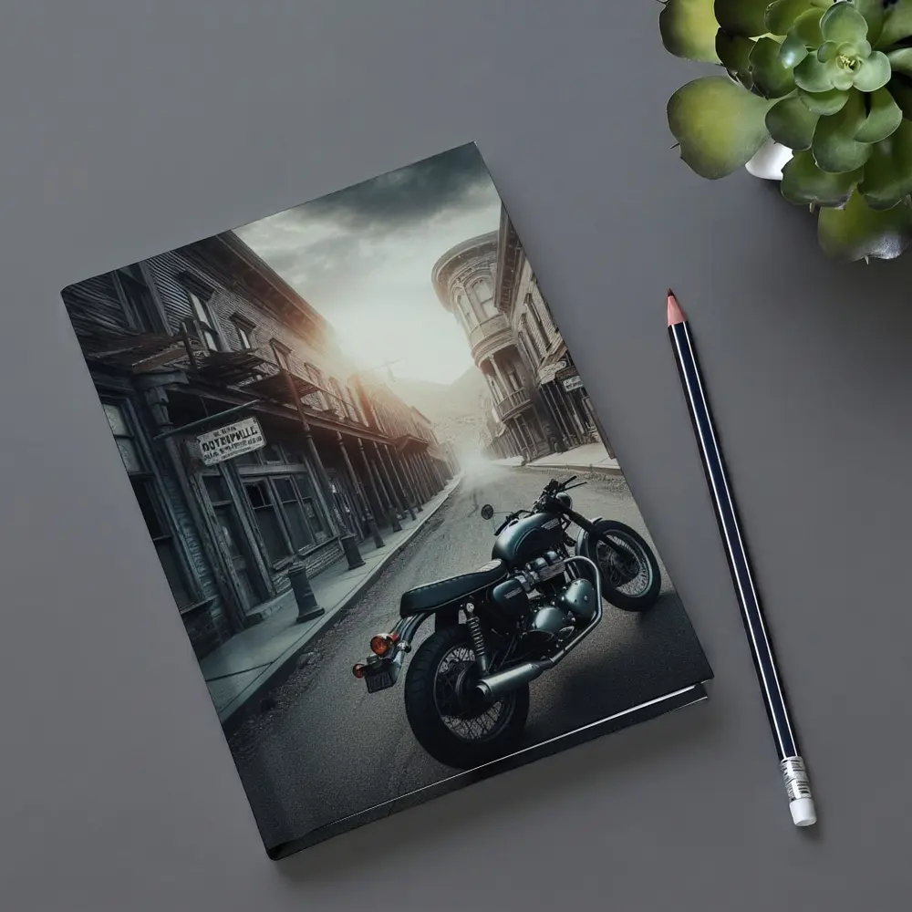 Cafe Racer Motorcycle Abandoned Western Town Street – Notebooks