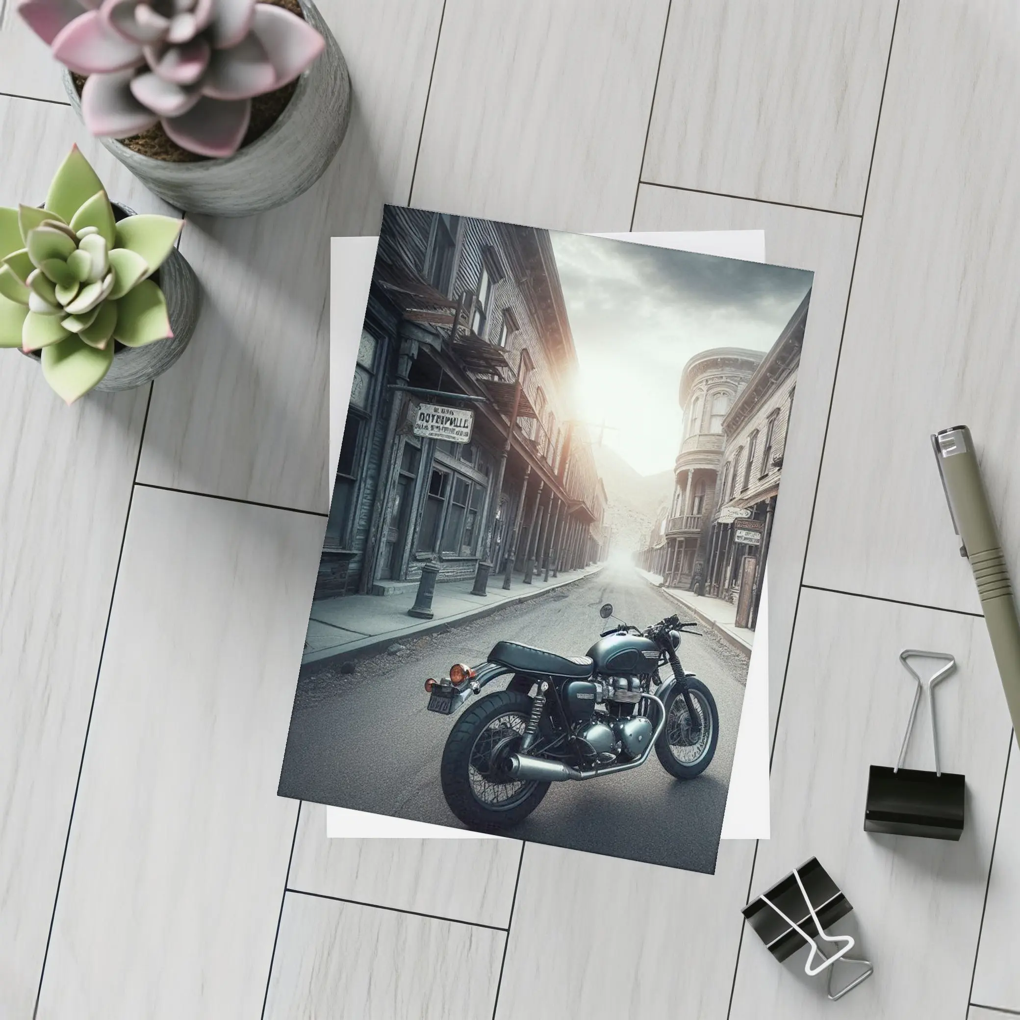 Cafe Racer Motorcycle Abandoned Western Town Street – Postcards