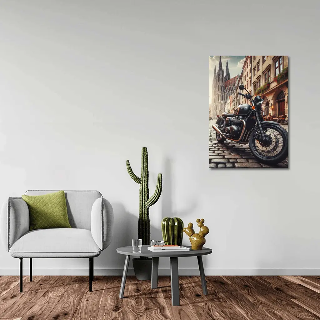 Triumph Motorcycle Parked on European Cobblestone Street – Wall Art