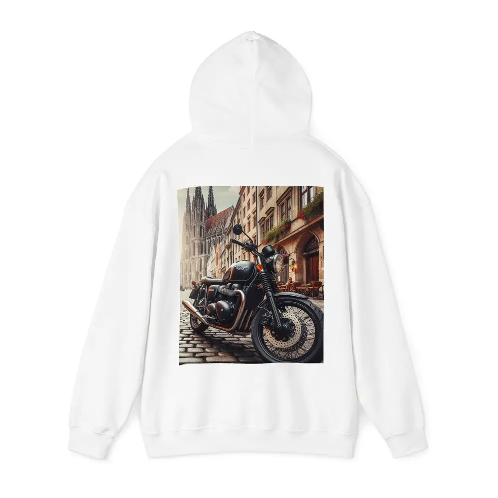 Triumph Motorcycle Parked on European Cobblestone Street – Hoodies