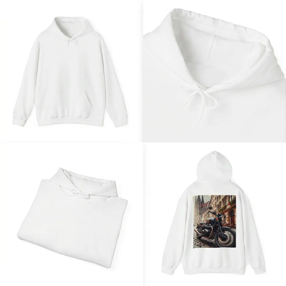 Triumph Motorcycle Parked on European Cobblestone Street – Hoodies