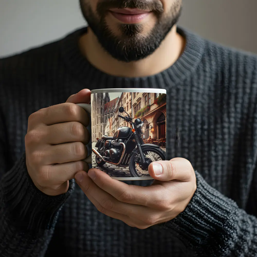 Triumph Motorcycle Parked on European Cobblestone Street – Mugs