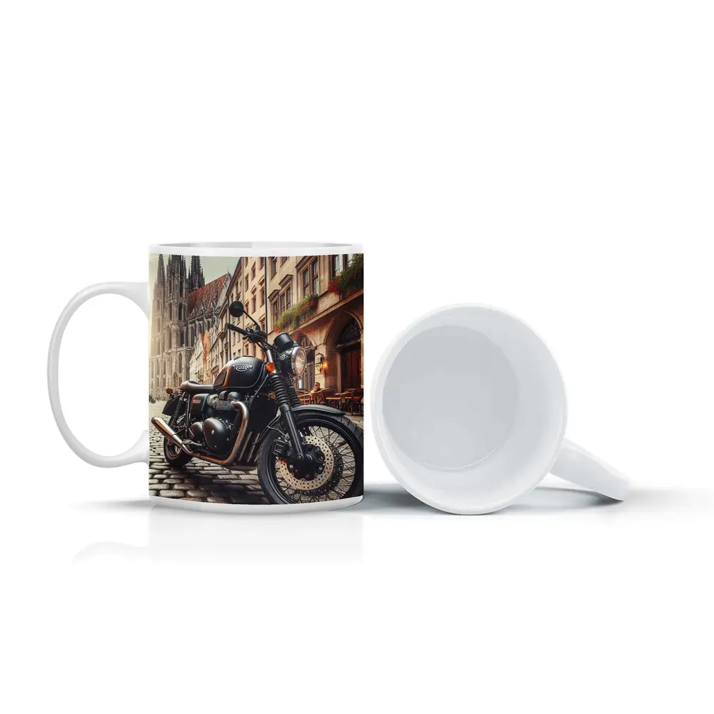 Triumph Motorcycle Parked on European Cobblestone Street – Mugs