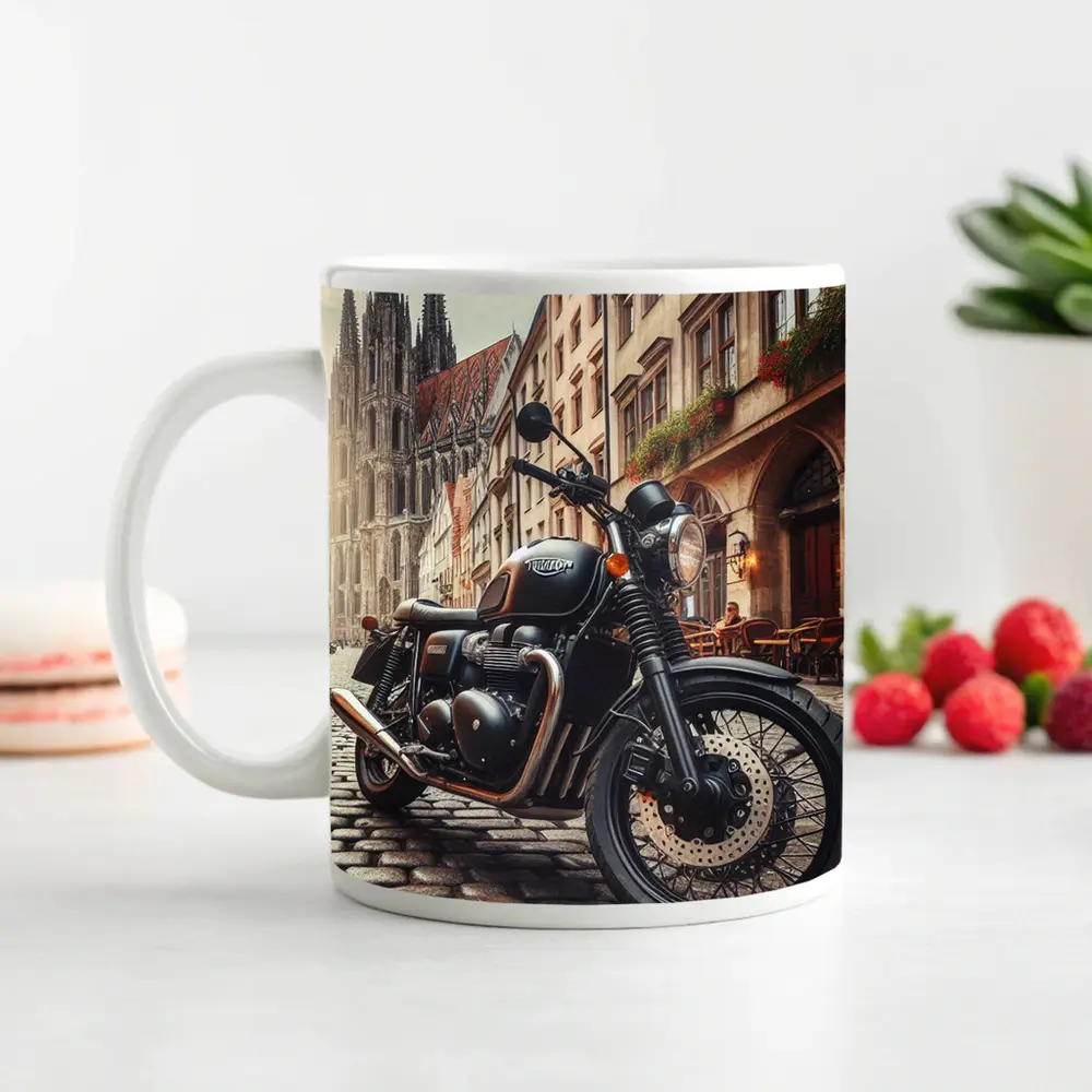 Triumph Motorcycle Parked on European Cobblestone Street – Mugs