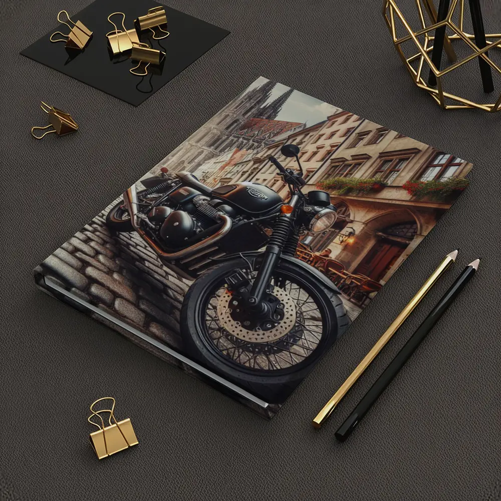 Triumph Motorcycle Parked on European Cobblestone Street – Notebooks