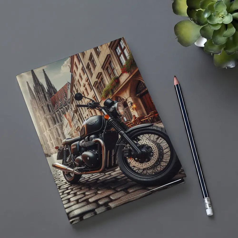 Triumph Motorcycle Parked on European Cobblestone Street – Notebooks