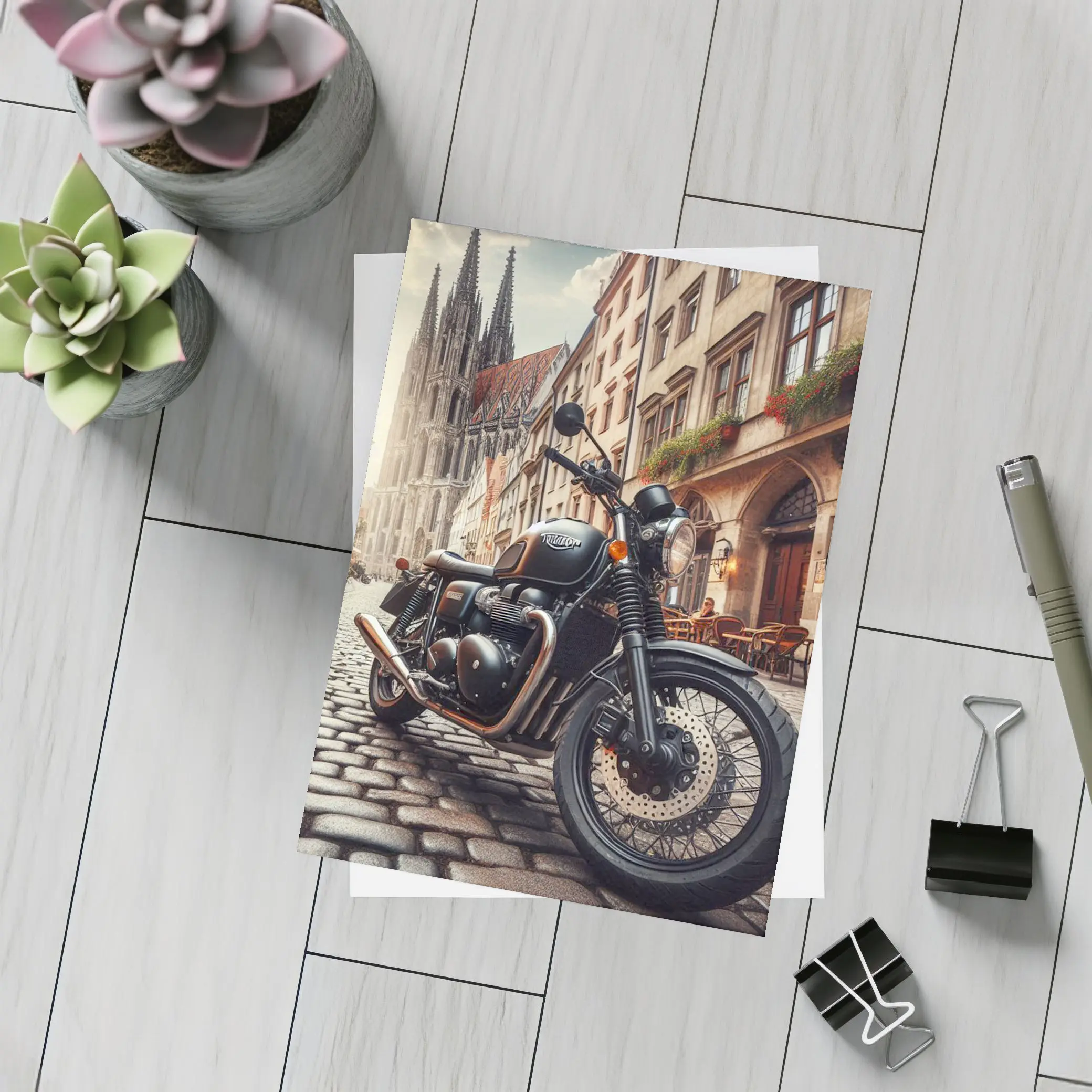 Triumph Motorcycle Parked on European Cobblestone Street – Postcards