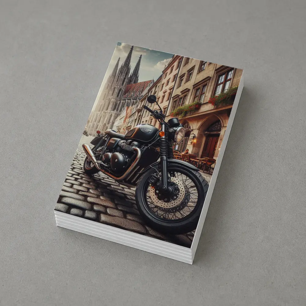 Triumph Motorcycle Parked on European Cobblestone Street – Postcards