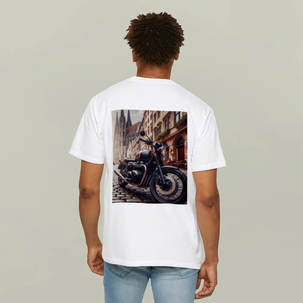 Triumph Motorcycle Parked on European Cobblestone Street – T-Shirts