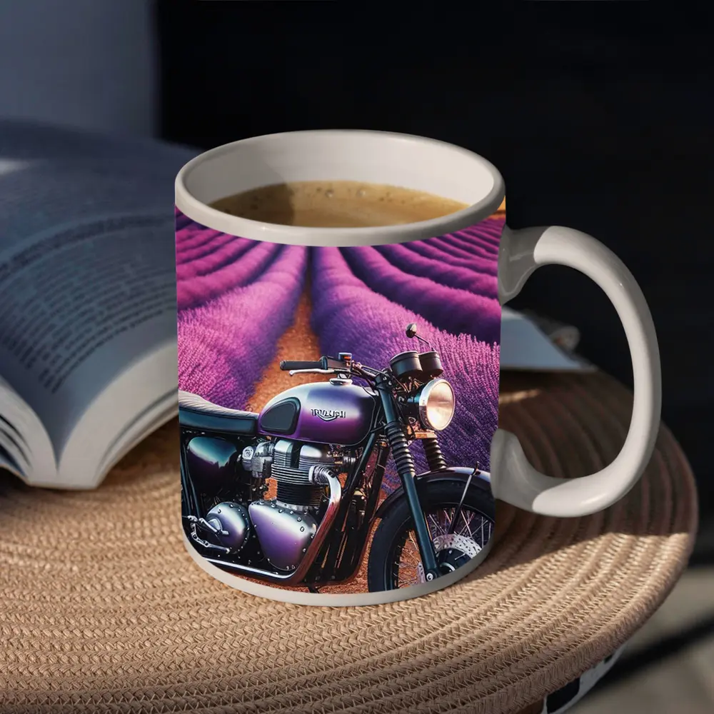 Triumph Motorcycle Parked In Lavender Fields – Mugs