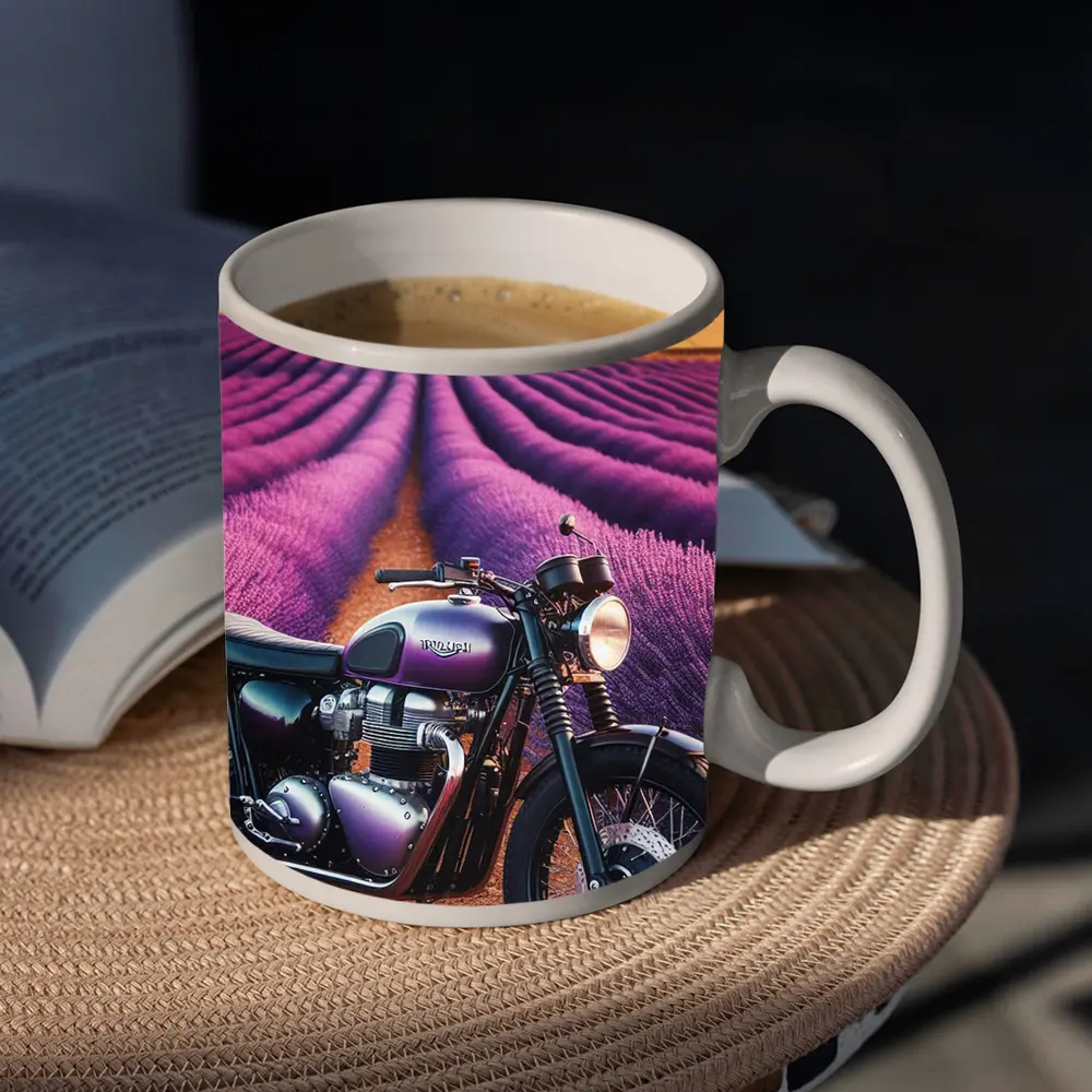 Triumph Motorcycle Parked In Lavender Fields – Mugs