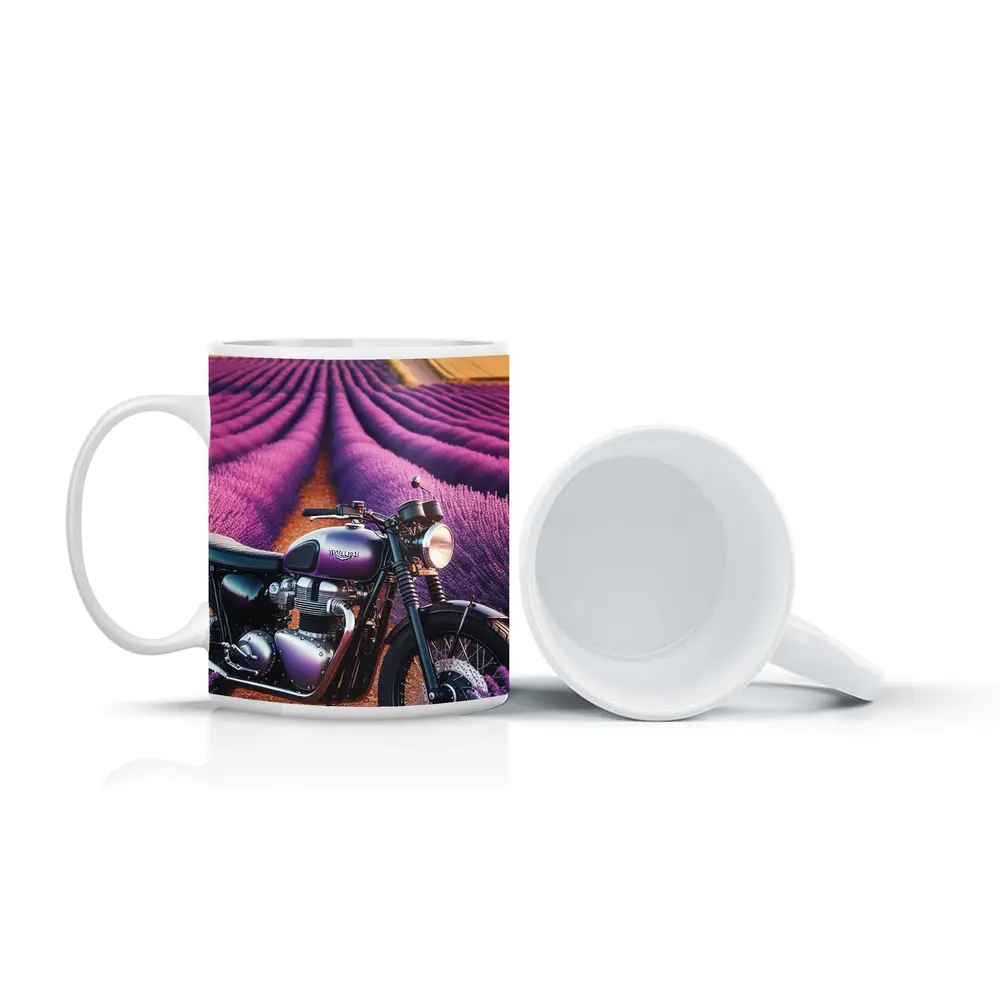 Triumph Motorcycle Parked In Lavender Fields – Mugs