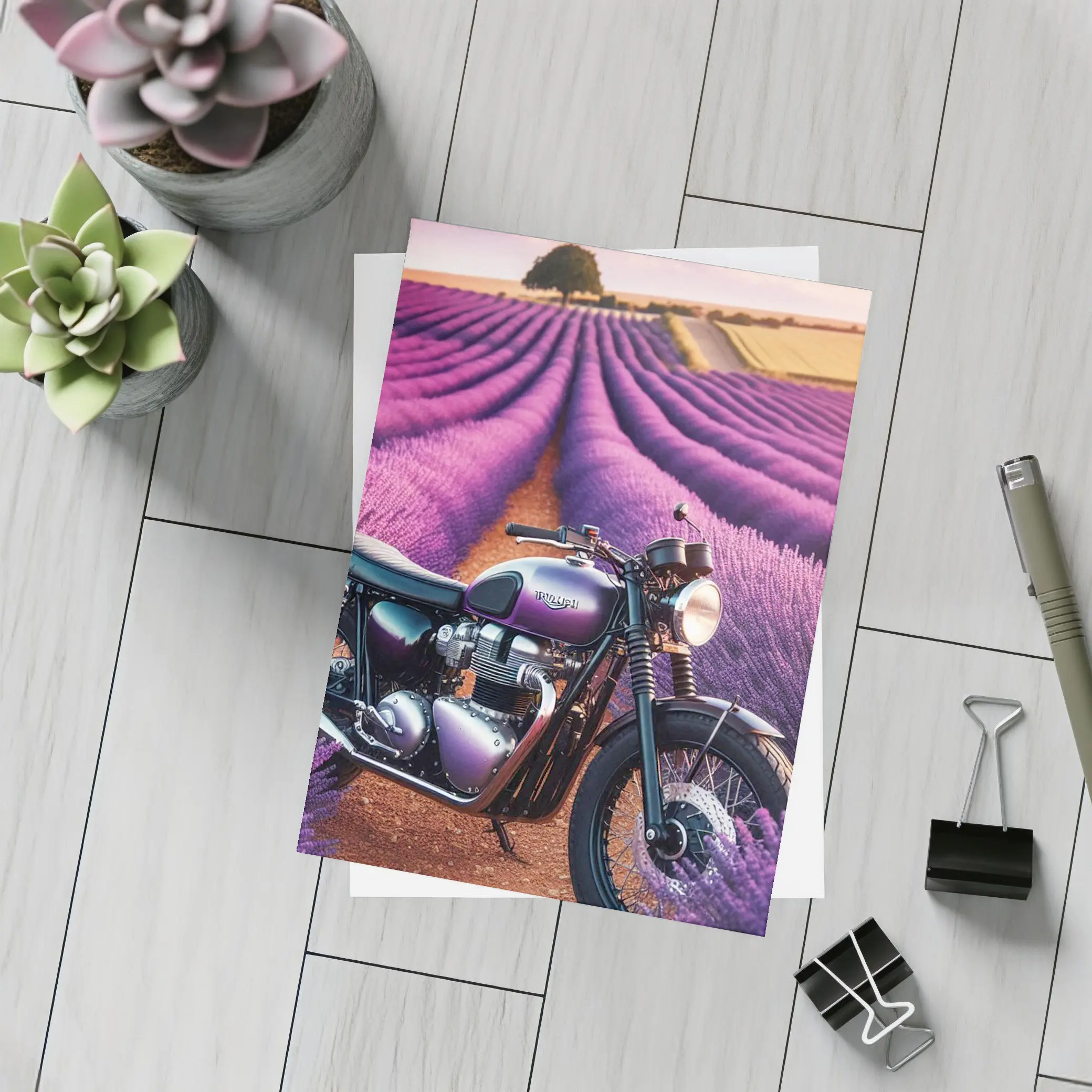 Triumph Motorcycle Parked In Lavender Fields – Postcards