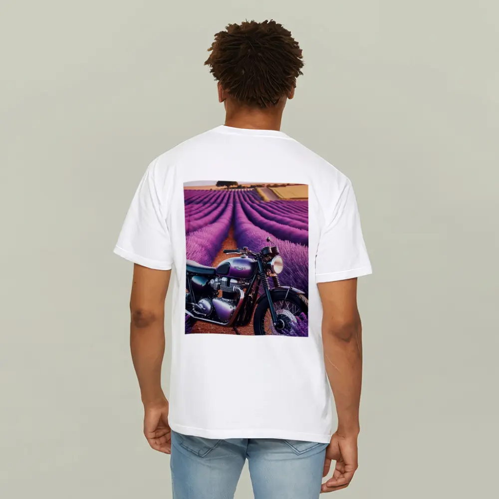 Triumph Motorcycle Parked In Lavender Fields – T-Shirts