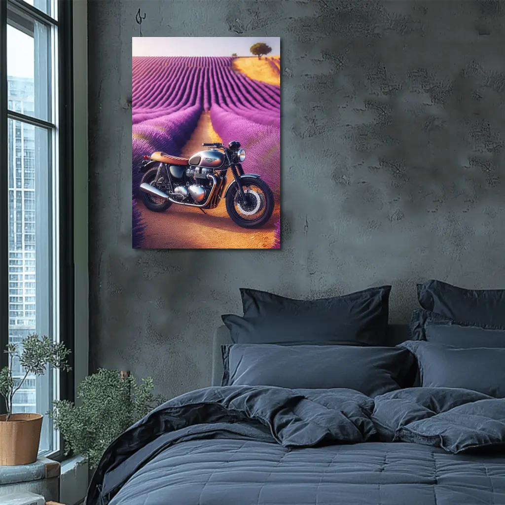Triumph Motorcycle Parked In Lavender Fields – Wall Art
