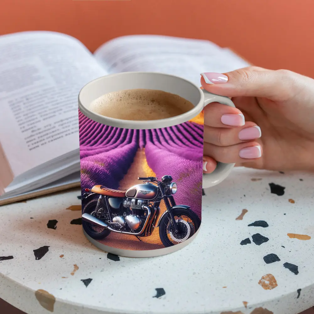 Triumph Motorcycle Parked In Lavender Fields – Mugs