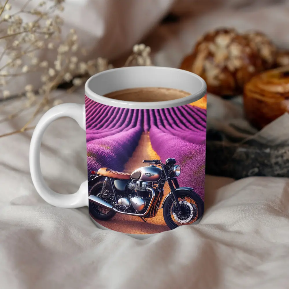 Triumph Motorcycle Parked In Lavender Fields – Mugs