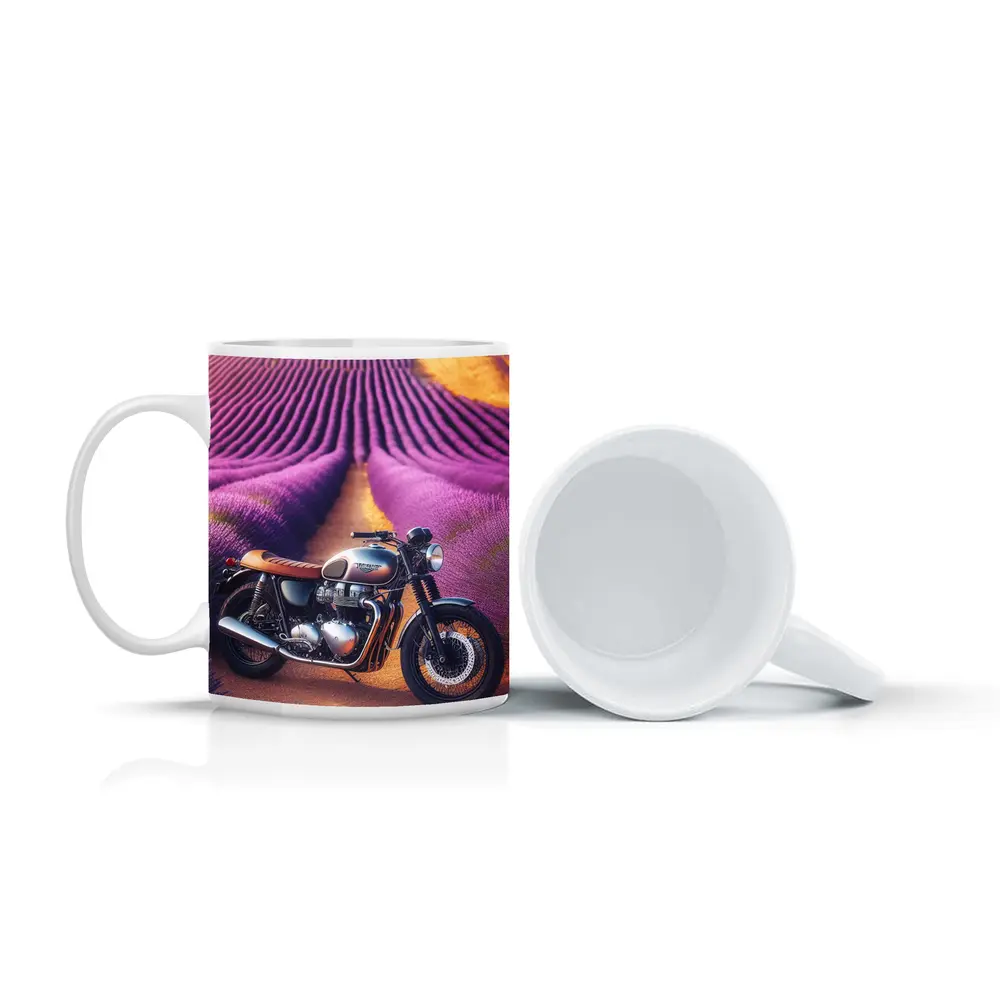 Triumph Motorcycle Parked In Lavender Fields – Mugs