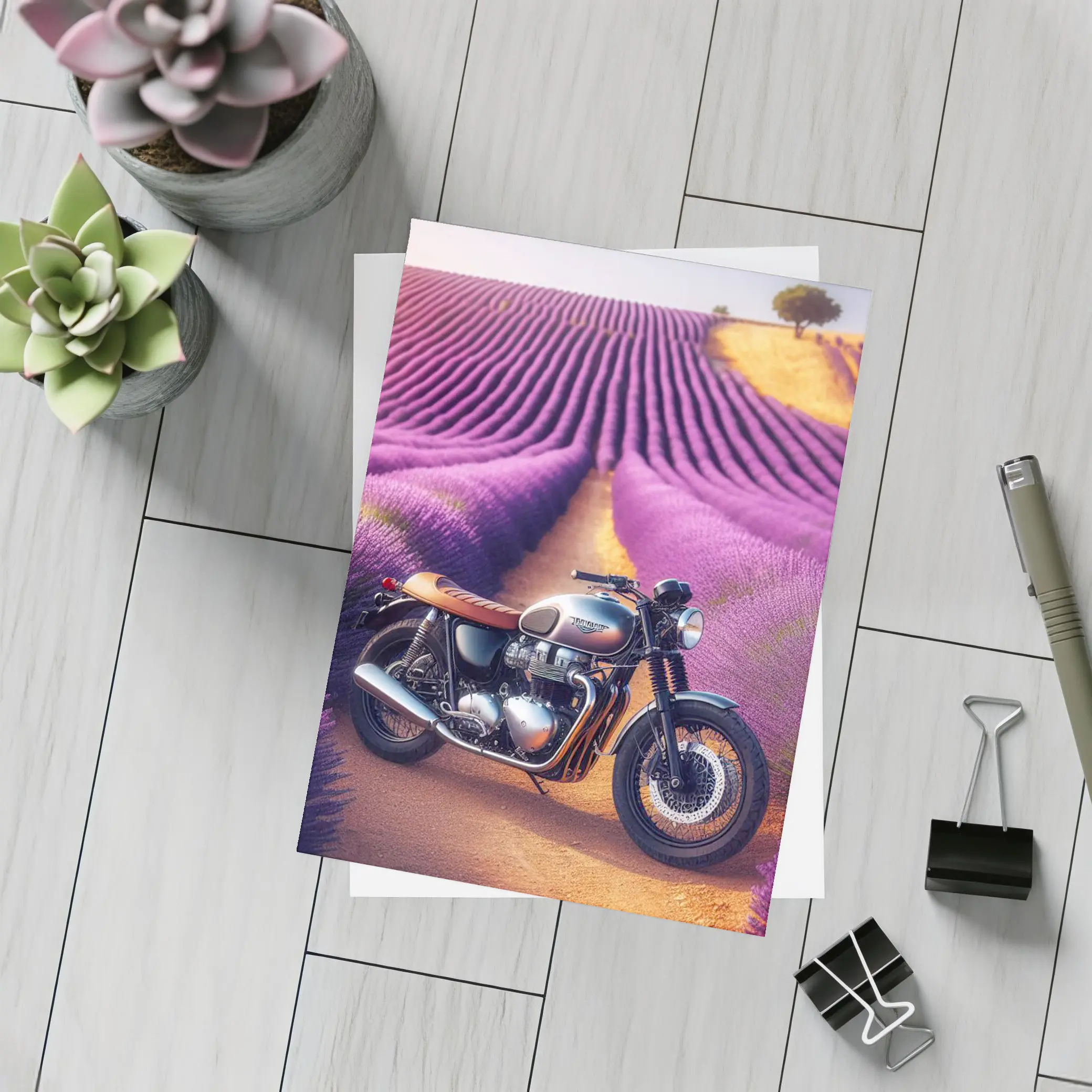 Triumph Motorcycle Parked In Lavender Fields – Postcards