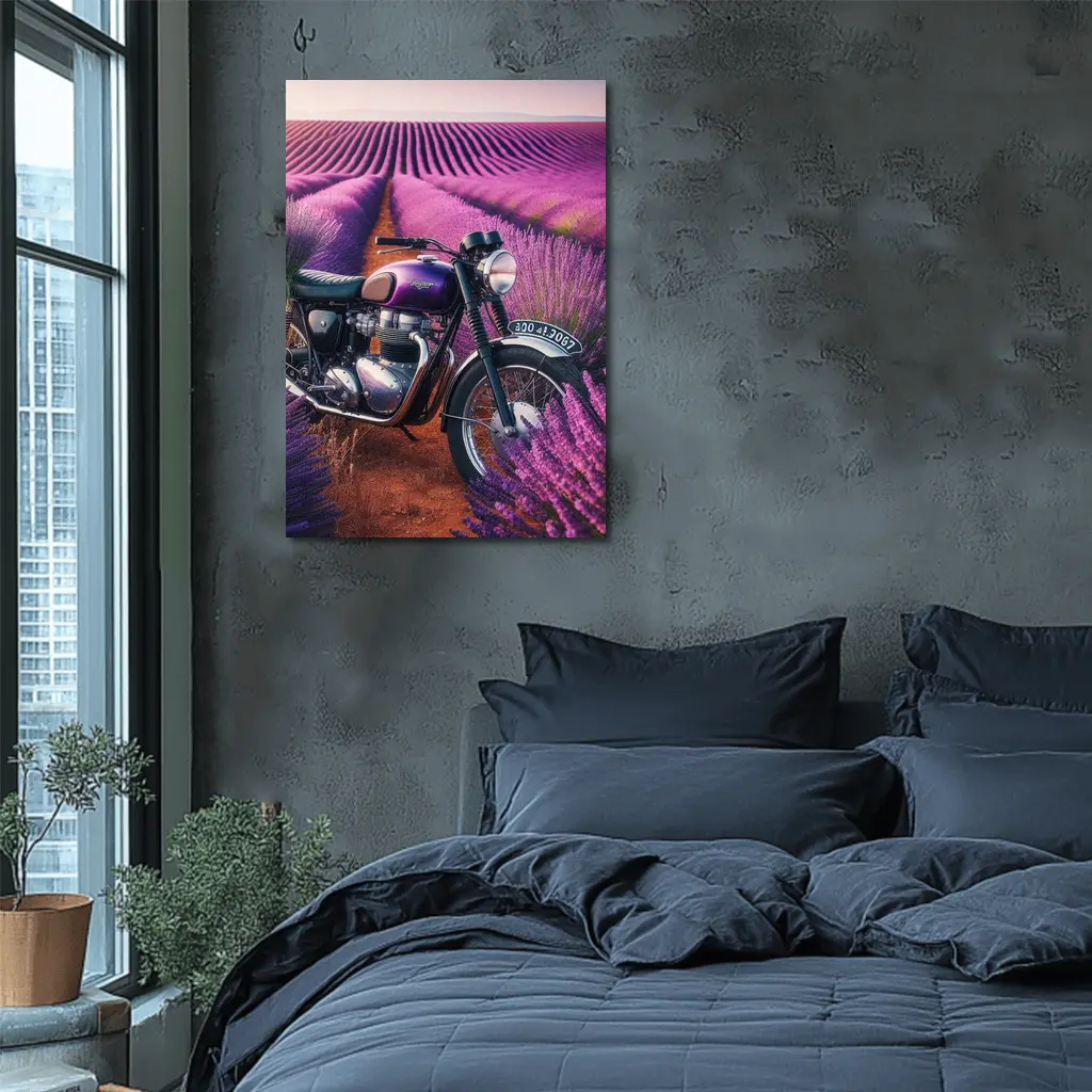 Triumph Motorcycle Parked in Lavender Fields – Wall Art