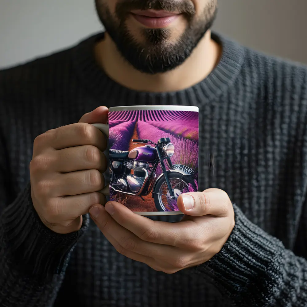 Triumph Motorcycle Parked in Lavender Fields – Mugs