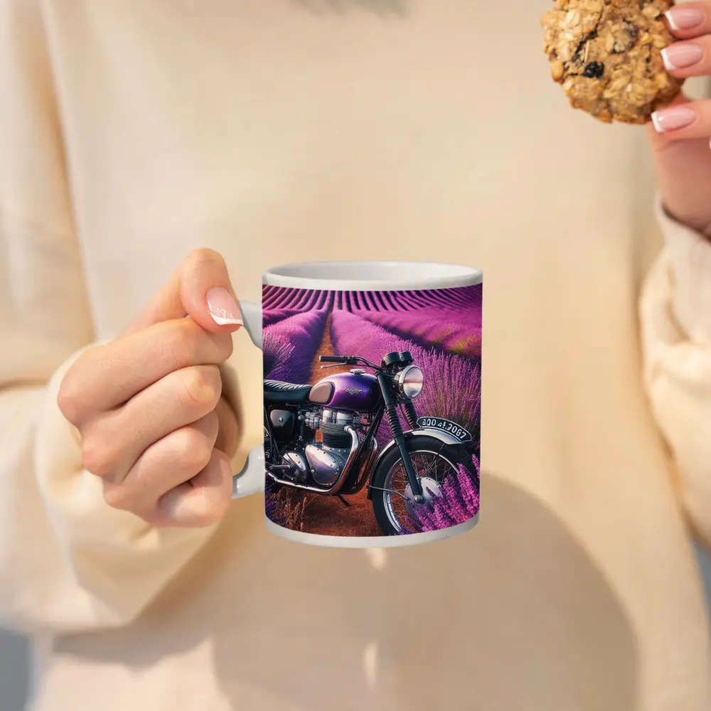 Triumph Motorcycle Parked in Lavender Fields – Mugs