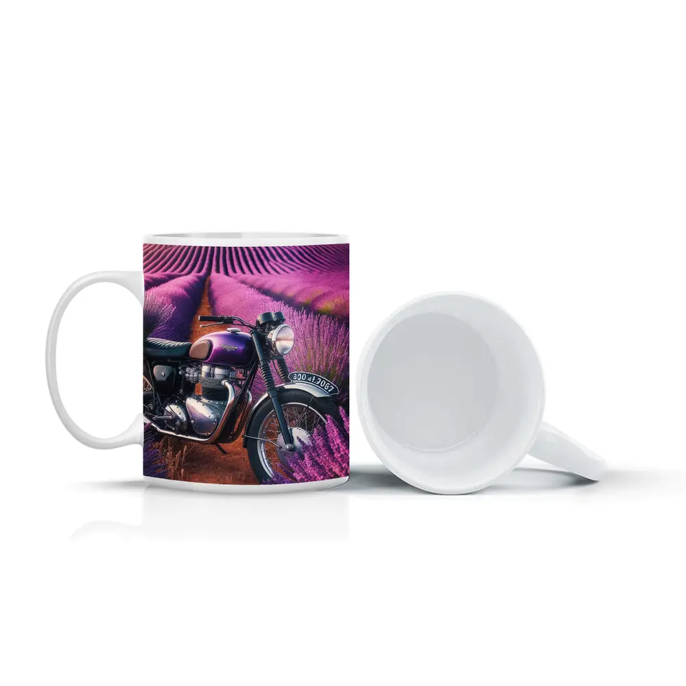 Triumph Motorcycle Parked in Lavender Fields – Mugs