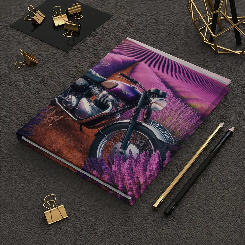 Triumph Motorcycle Parked in Lavender Fields – Notebooks