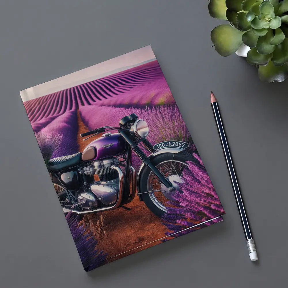 Triumph Motorcycle Parked in Lavender Fields – Notebooks