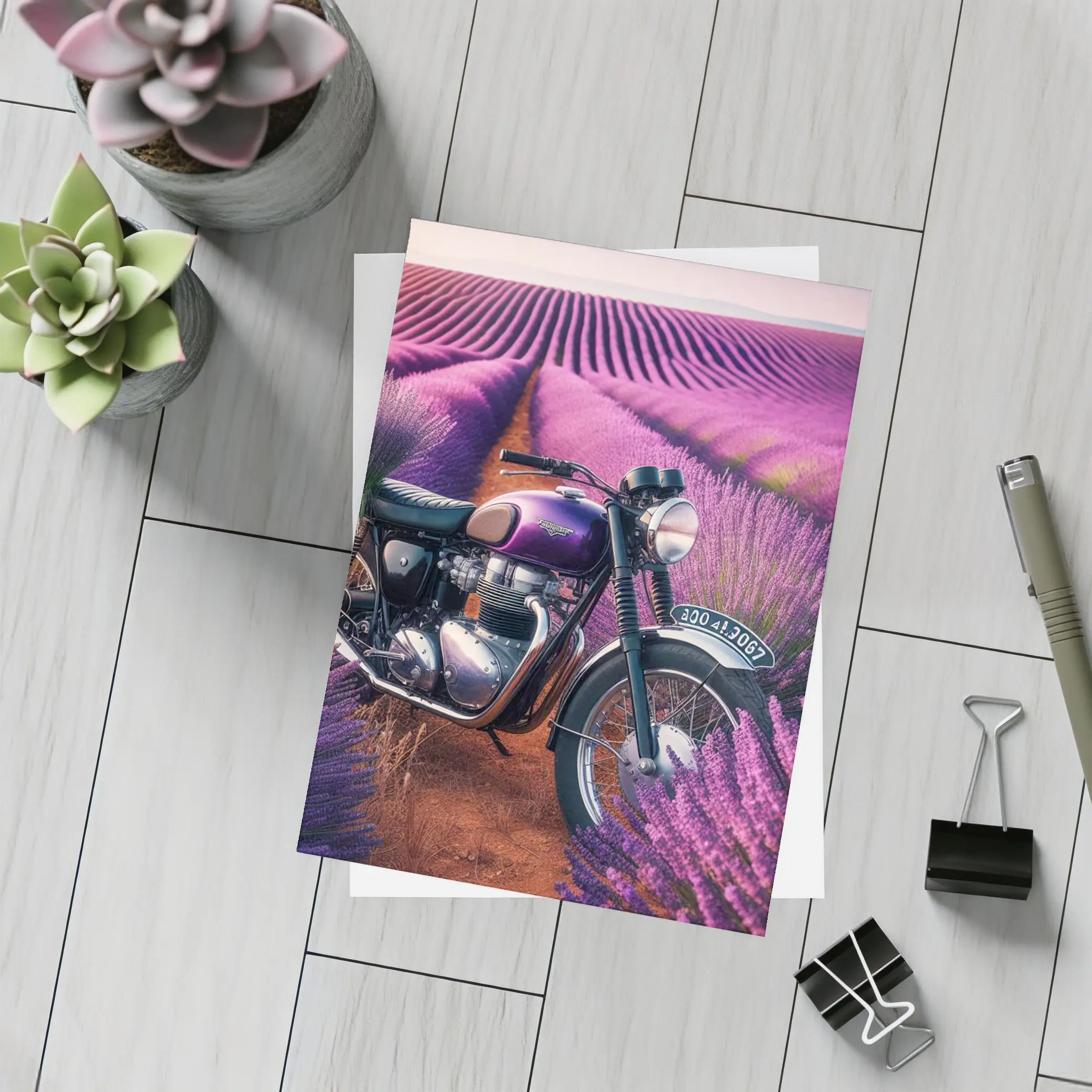 Triumph Motorcycle Parked in Lavender Fields – Postcards