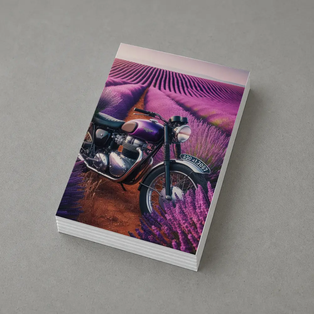 Triumph Motorcycle Parked in Lavender Fields – Postcards