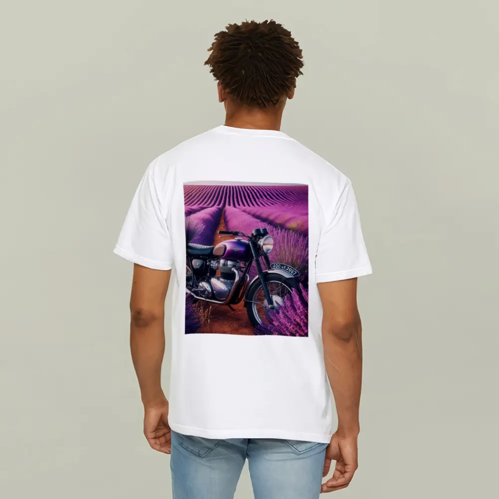 Triumph Motorcycle Parked in Lavender Fields – T-Shirts