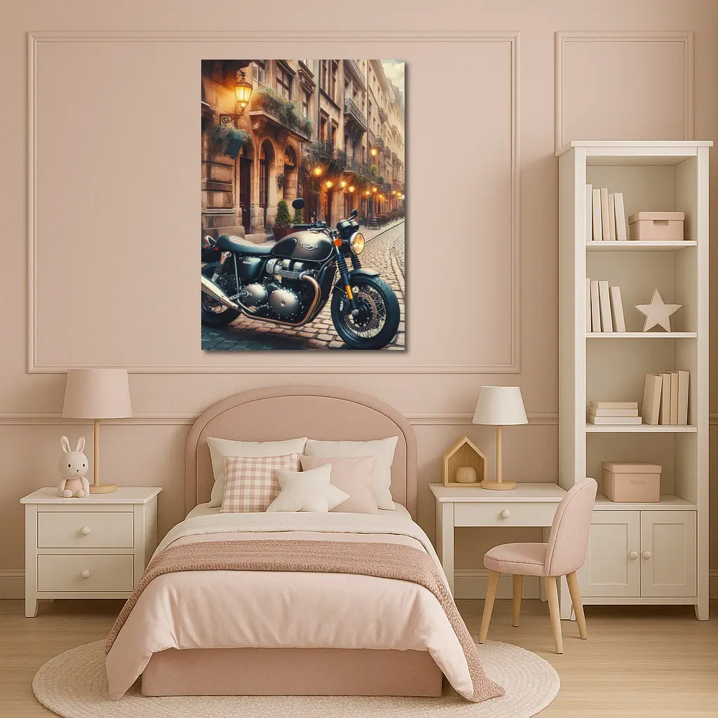 Triumph Motorcycle Parked on Cobblestone Street – Wall Art