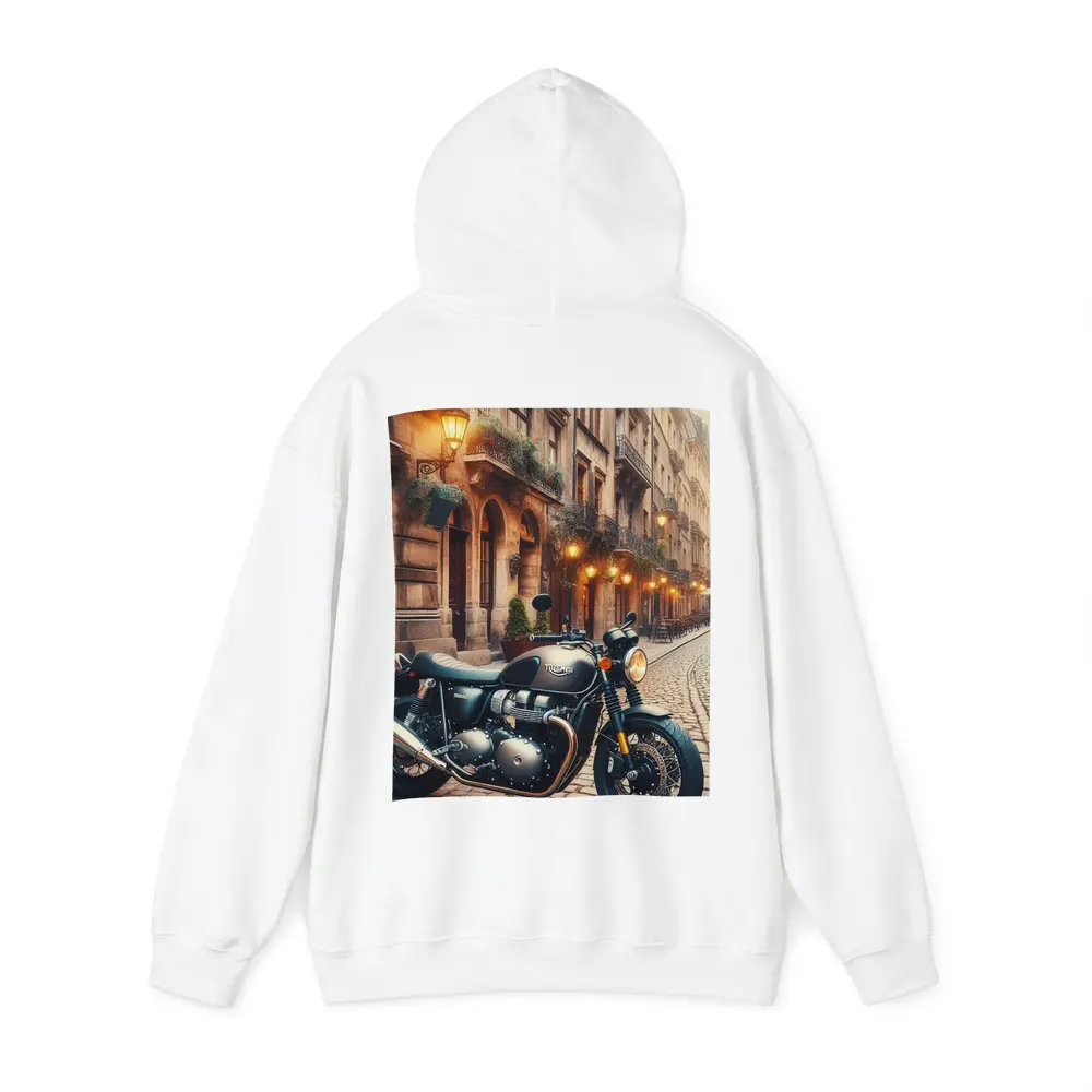 Triumph Motorcycle Parked on Cobblestone Street – Hoodies