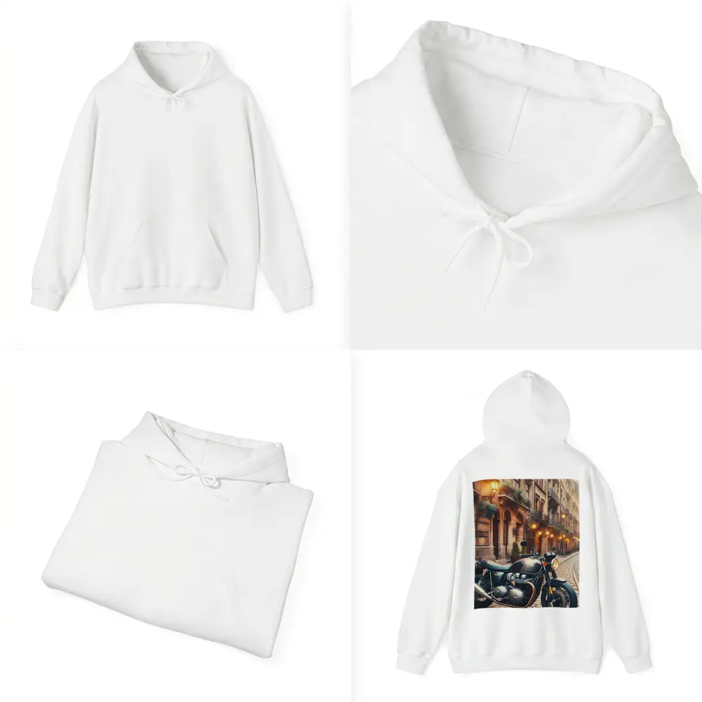 Triumph Motorcycle Parked on Cobblestone Street – Hoodies