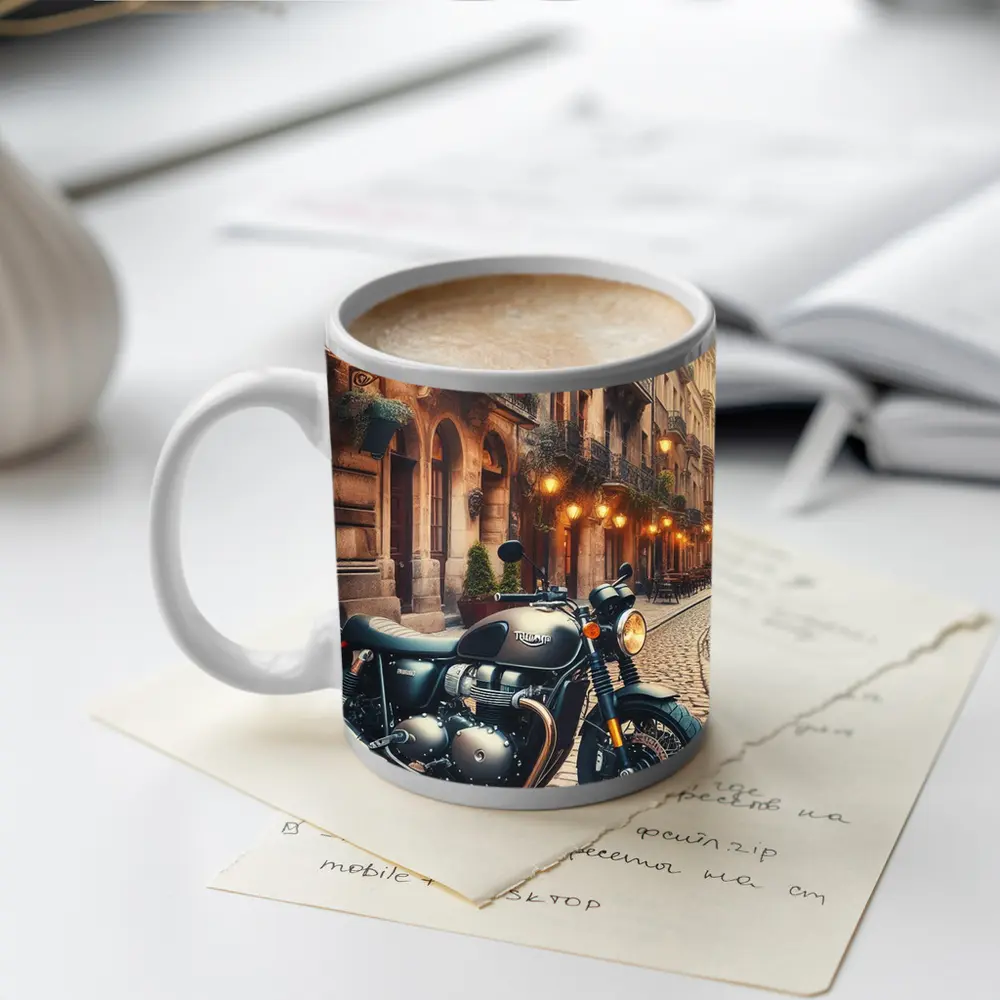 Triumph Motorcycle Parked on Cobblestone Street – Mugs