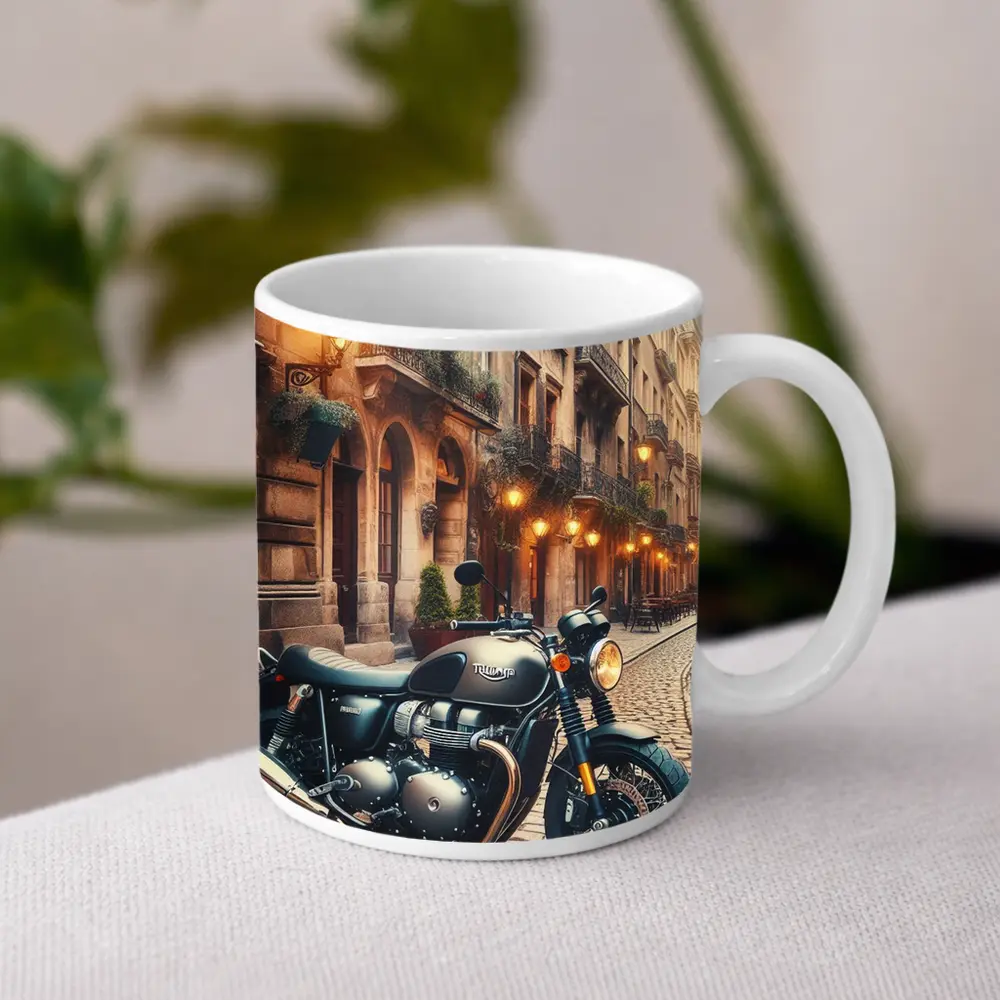Triumph Motorcycle Parked on Cobblestone Street – Mugs
