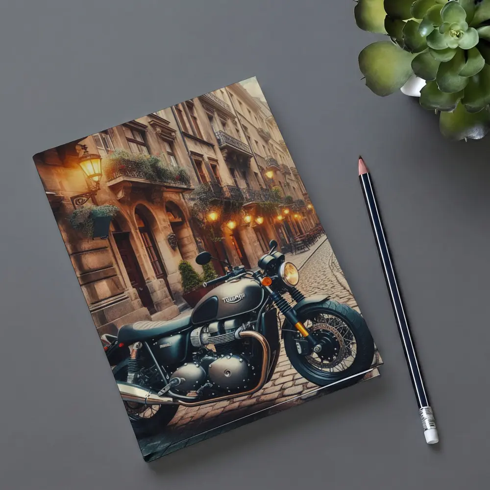 Triumph Motorcycle Parked on Cobblestone Street – Notebooks