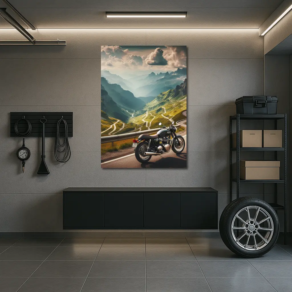 Classic Motorcycle Mountain Road Winding Landscape – Wall Art