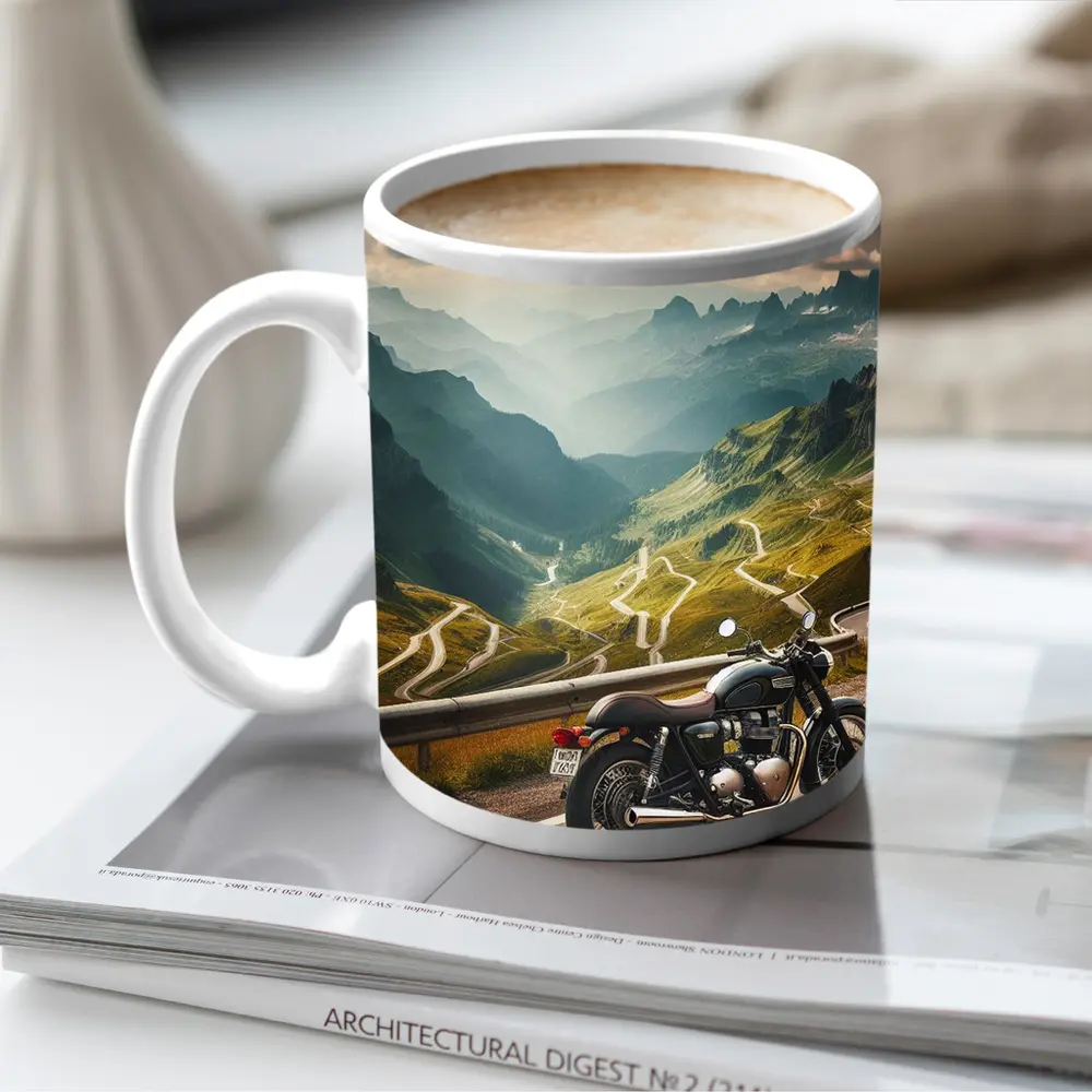 Classic Motorcycle Mountain Road Winding Landscape – Mugs