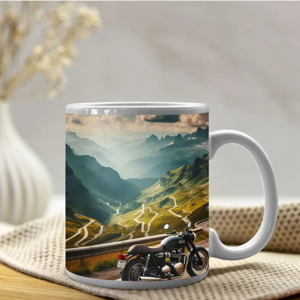 Classic Motorcycle Mountain Road Winding Landscape – Mugs