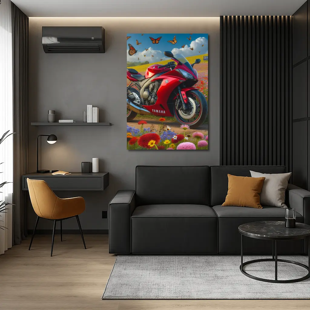 Red Yamaha Sport Bike Wildflower Field Butterflies – Wall Art