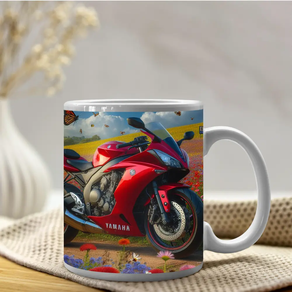 Red Yamaha Sport Bike Wildflower Field Butterflies – Mugs