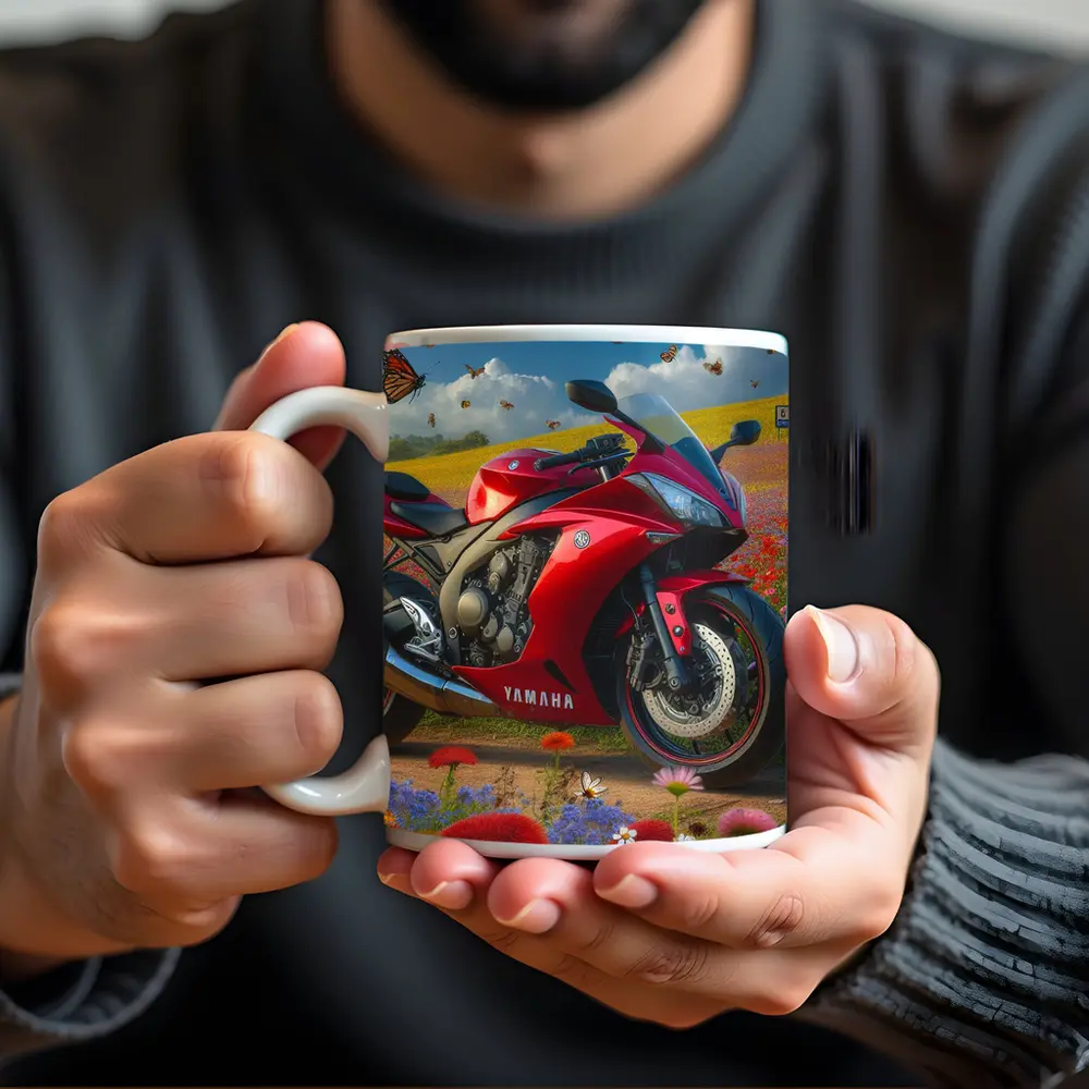 Red Yamaha Sport Bike Wildflower Field Butterflies – Mugs