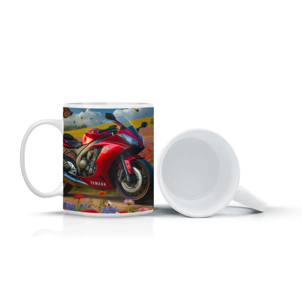 Red Yamaha Sport Bike Wildflower Field Butterflies – Mugs