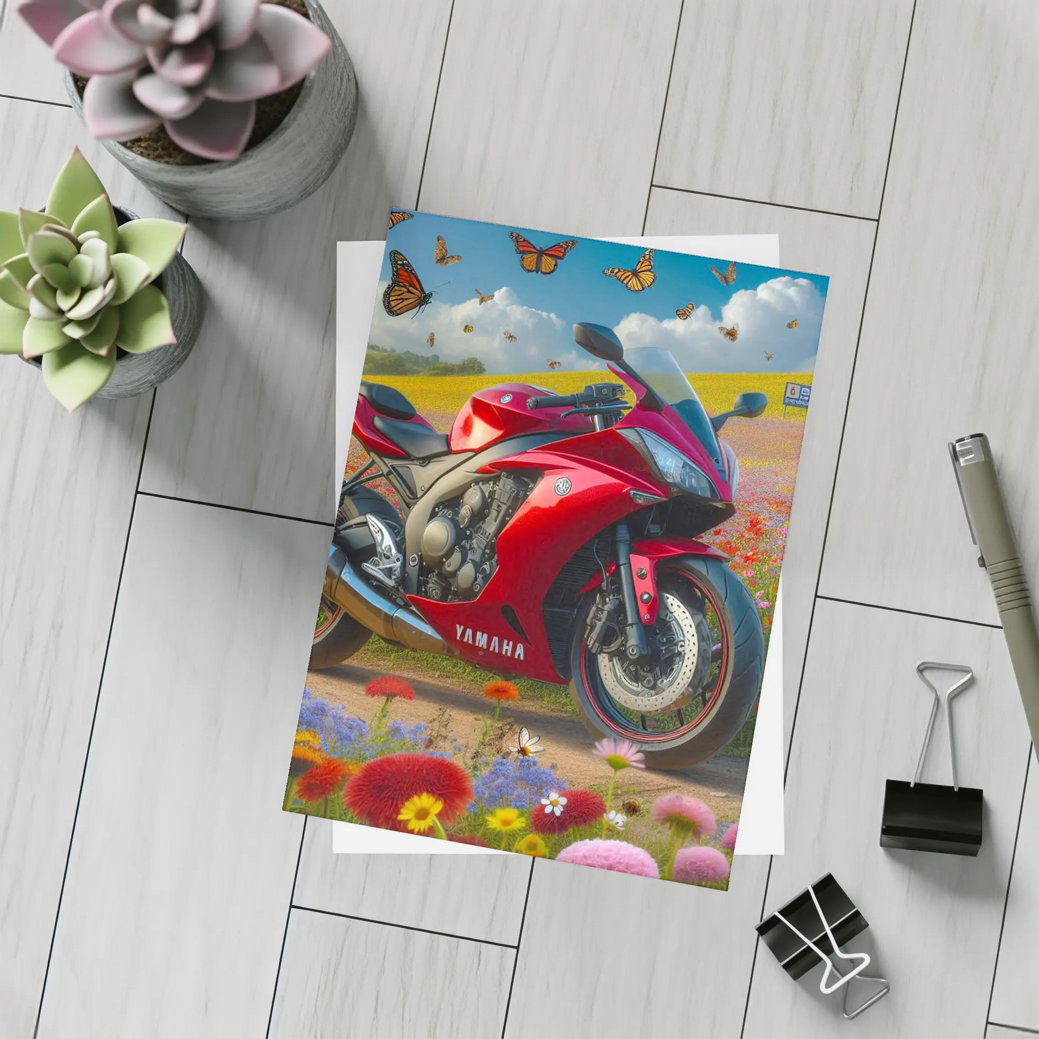 Red Yamaha Sport Bike Wildflower Field Butterflies – Postcards