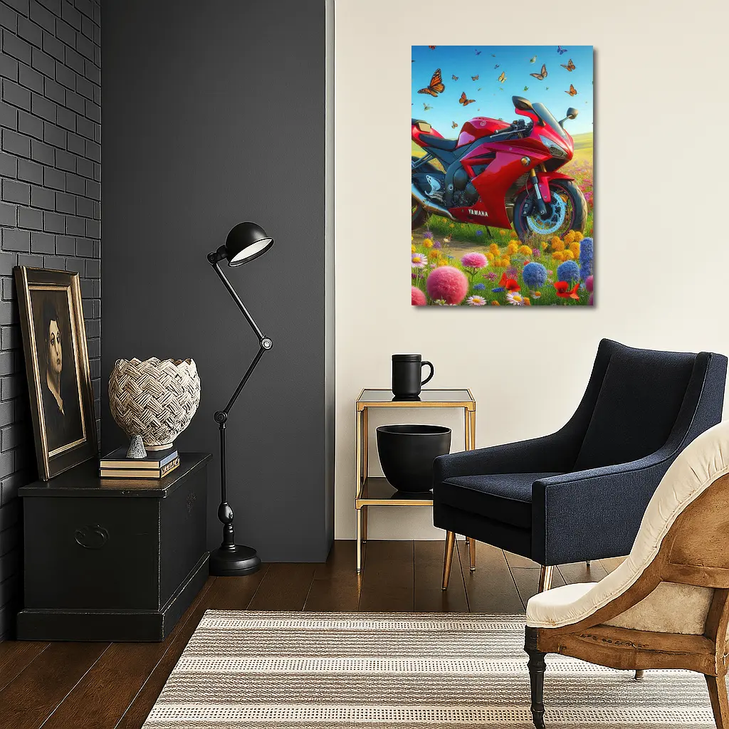 Red Yamaha Sport Bike Wildflower Meadow Butterflies – Wall Art