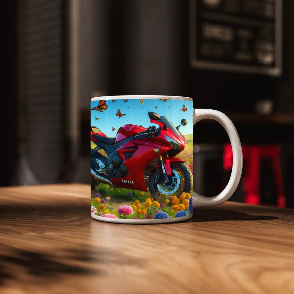 Red Yamaha Sport Bike Wildflower Meadow Butterflies – Mugs