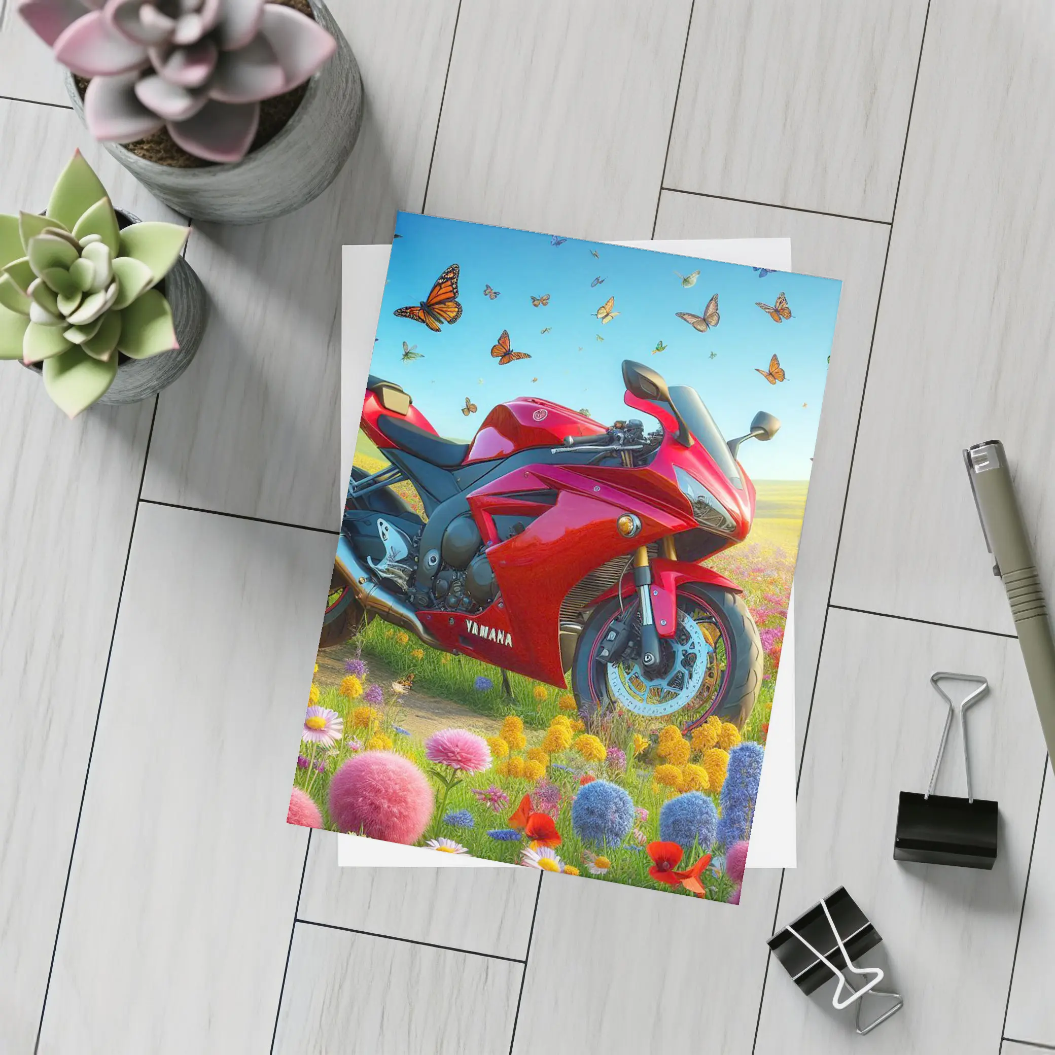 Red Yamaha Sport Bike Wildflower Meadow Butterflies – Postcards